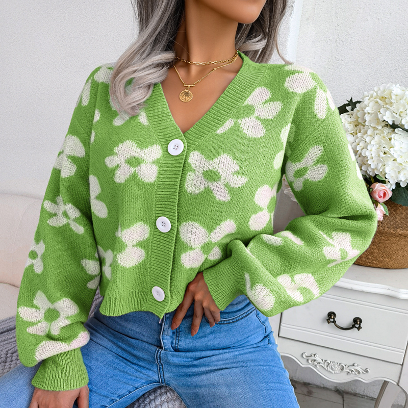 Internet-Promi-Stil Herbst-Winter-Mode Color-Block Floral Laterne Ärmel Strickjacke Pullover Mantel Damenbekleidung_voghion.com