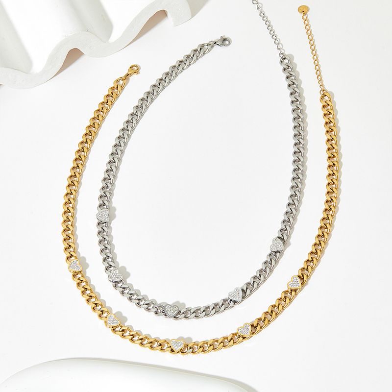 Gioielli da donna - Elegante collana a forma di cuore in zircone, girocollo in acciaio inossidabile in stile hip-hop, pezzo alla moda da indossare tutti i giorni, set di collane a catena_voghion.com