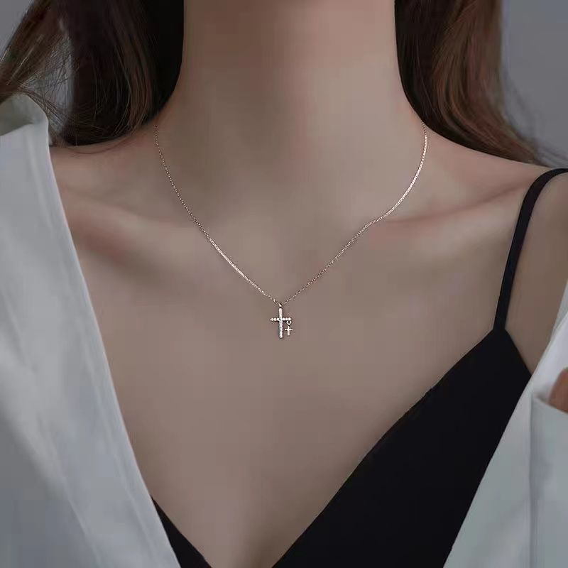 Collana classica in argento Sterling con croce lucida e piccolo ciondolo con ciondolo a catena per clavicola da donna, gioielli raffinati_voghion.com