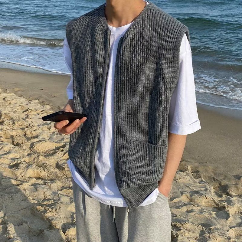 Men's Clothing autumn new vest cardigan style niche design pure color simple all match high end tops for men_voghion.com