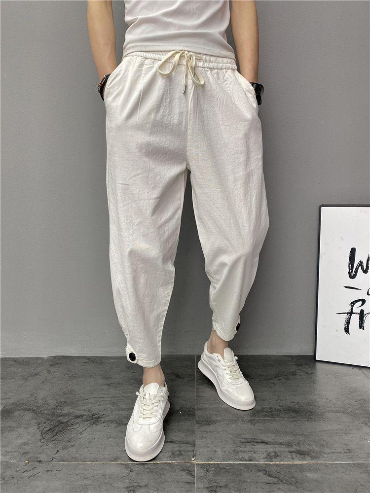 Spring/Summer Thin Men's Cotton and H emp Small Casual Loose Leg Tight Nine Part Net Face Wide Crotch Haren Internet Red_voghion.com