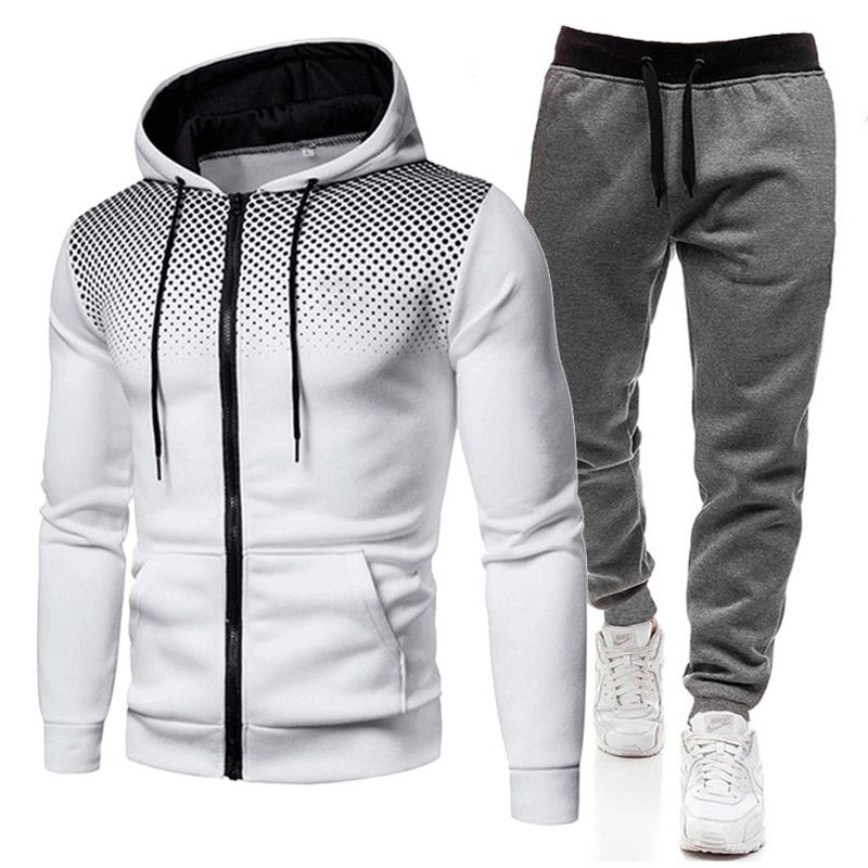 Neues einfarbiges Reißverschluss-Set mit rundem Punktdruck für Herbst-Winter-Plüsch-Herren-Damen-Sport-Hoodies, Pullover und Hosen_voghion.com