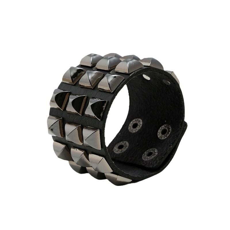 Square Bead Rivet Personality Punk Bracelet Fashion Men's PU Leather Wristband_voghion.com
