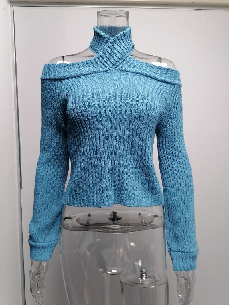 Vrouwen forens OL grote maat sexy off-the-shoulder effen kleur slim-fit gebreide trui vrouwelijk_voghion.com