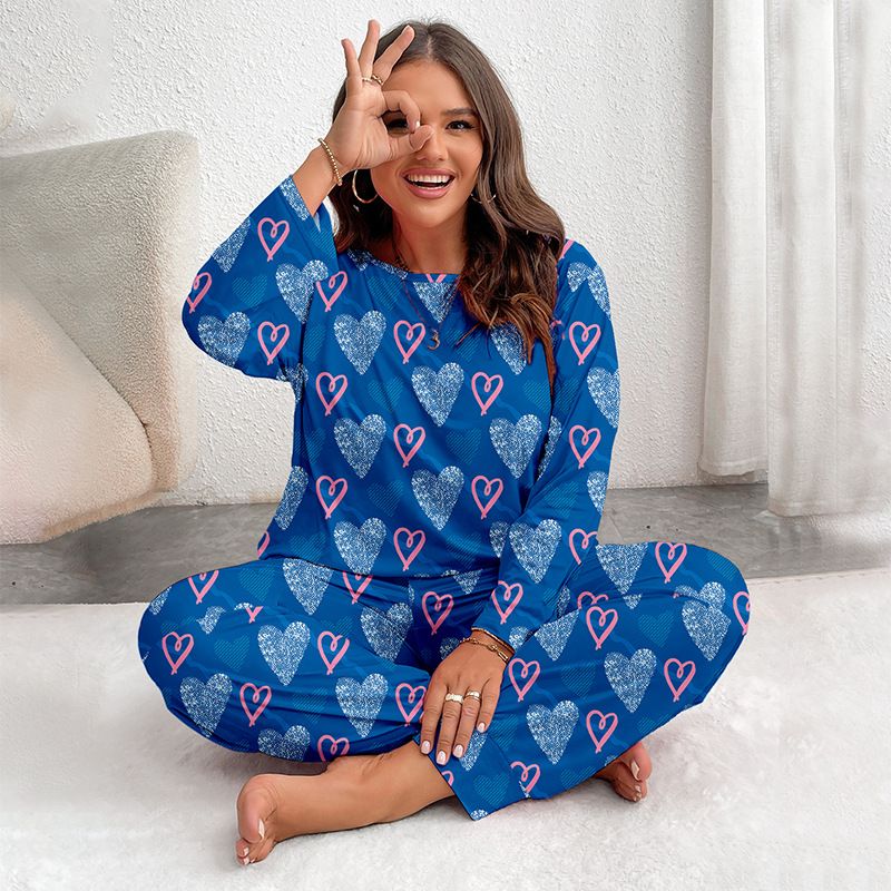 Dames Nachtkleding Pyjama's Grote maten Een schouder Lange mouwen Broek Hart Bedrukt Thuis Kleding Pakken_voghion.com