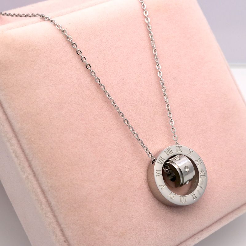 Men And Women's Jewelry Fashion Temperament Roman Numeral Diamond Necklace Couple Plated Double Ring Transfer Bead Necklace_voghion.com