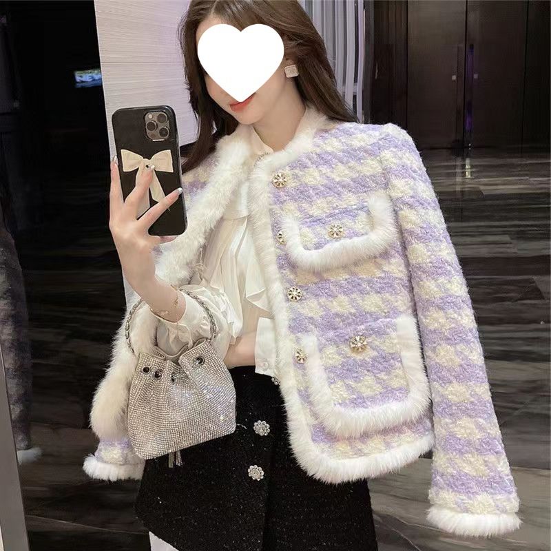 girl Girl Thickened Cotton-Padded New Style Little Fragrance Violet Plaid Socialite Coat Fashionable Women's Sweet Woolen Cotton_voghion.com