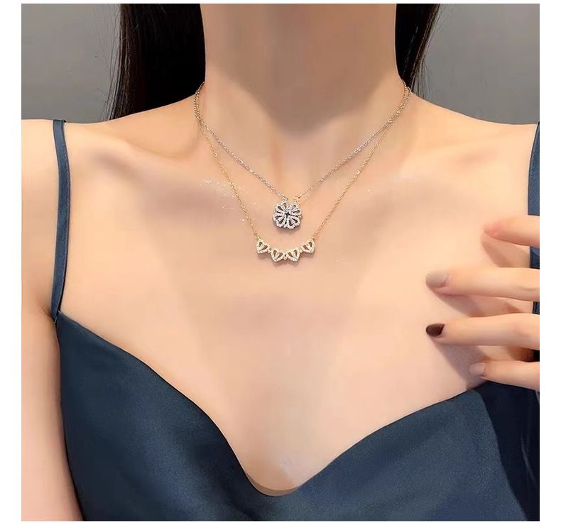 Collana a forma di cuore in argento sterling S925 con quadrifoglio per donna, un paio, due paia di cuori piccoli, celebrità di internet, catena alla moda per clavicola_voghion.com
