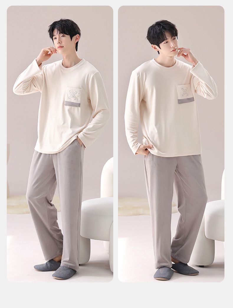 Pigiama da uomo in pile corallo autunno e inverno New Island Fleece Set in pile sottile invernale rosa Abbigliamento da casa per ragazzi Inverno_voghion.com