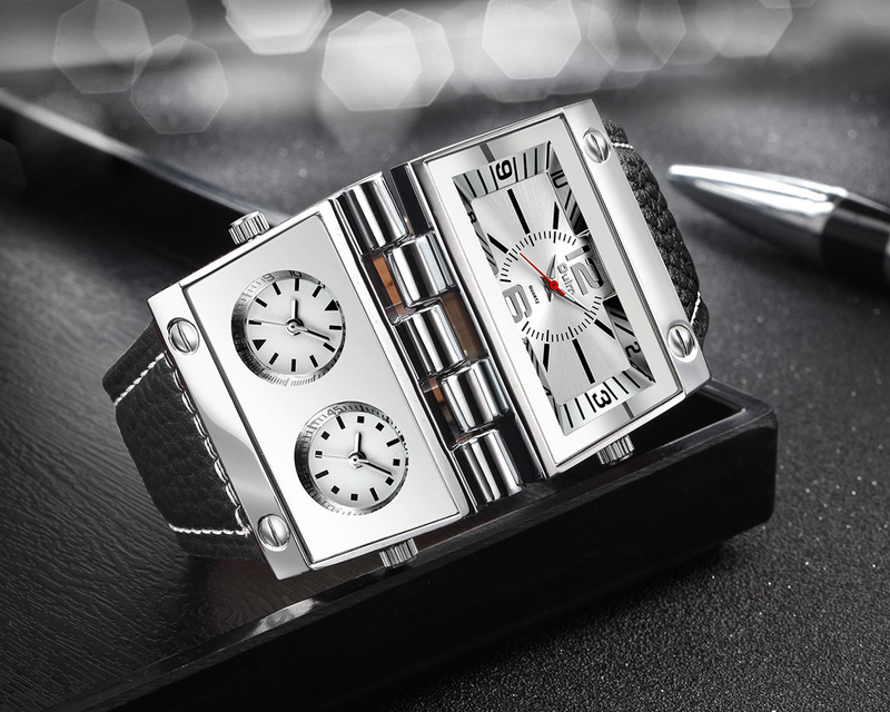 Stilvolle Herren-Quarzuhr mit großem Zifferblatt und Multi-Zeitzonen-Funktion, Mineralglas, Echtlederarmband (Schwarz, Weiß, Braun), luxuriöses Geschenk_voghion.com