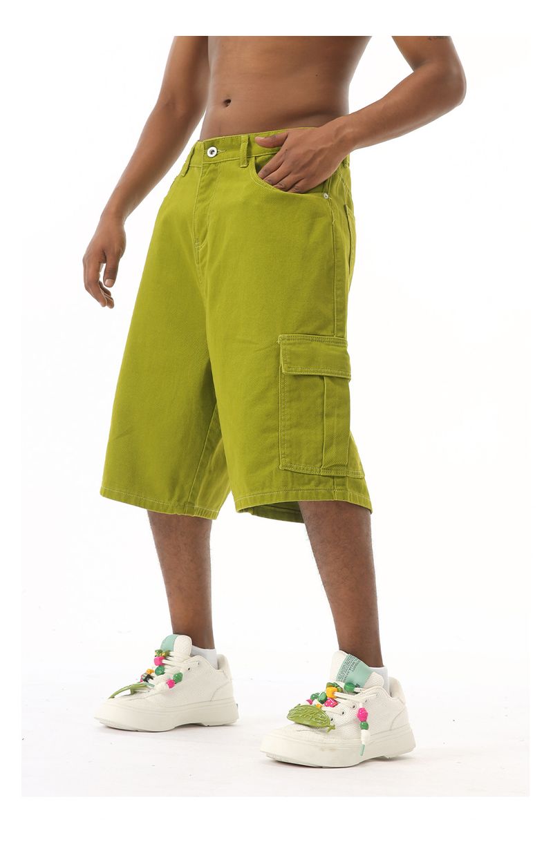 EF JEANS | 2024 Sommer Neue amerikanische Straße Einfache Fruchtgrüne Overalls mit großen Taschen Fünf-Punkt-Hose für Männer und Frauen_voghion.com