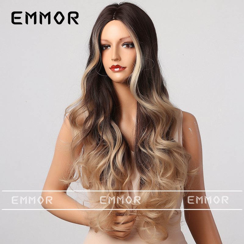 High temperature silk gradient brown waves in long curly hair wig female full head set_voghion.com