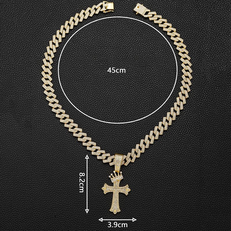 Halskette mit Kronen-Kreuz-Anhänger aus Diamanten, Diamant-Halskette aus Legierung für Männer und Frauen, kubanische Kette in Diamantform_voghion.com