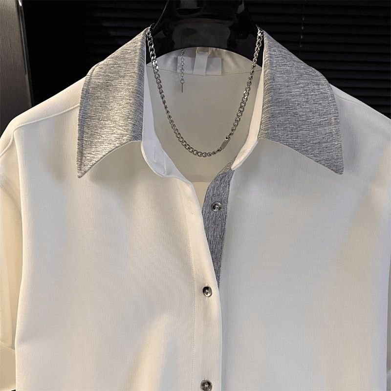 Camicia casual da uomo a maniche corte - Tessuto misto chiffon slim fit, leggera e traspirante per l'estate, alla moda con design del colletto_voghion.com