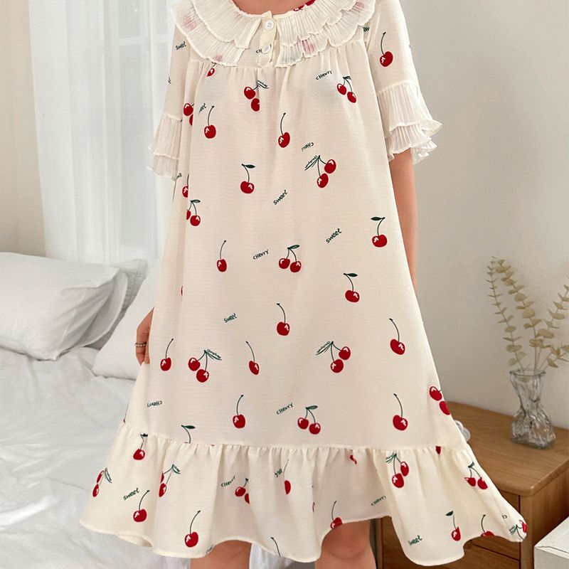 Camicia da notte dolce e comoda con scollo rotondo in pizzo per donna, estiva e autunnale_voghion.com