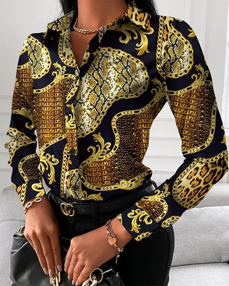 Camicia cardigan monopetto con temperamento con stampa geometrica a maniche lunghe primaverili e autunnali per donna_voghion.com