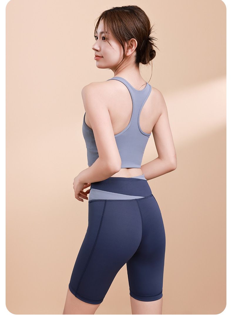 Color Block High Tummy Control Peach Butt Crop Top Yoga Shorts Set Shockproof Gather Waist Slimming Leg Fitness Bra_voghion.com