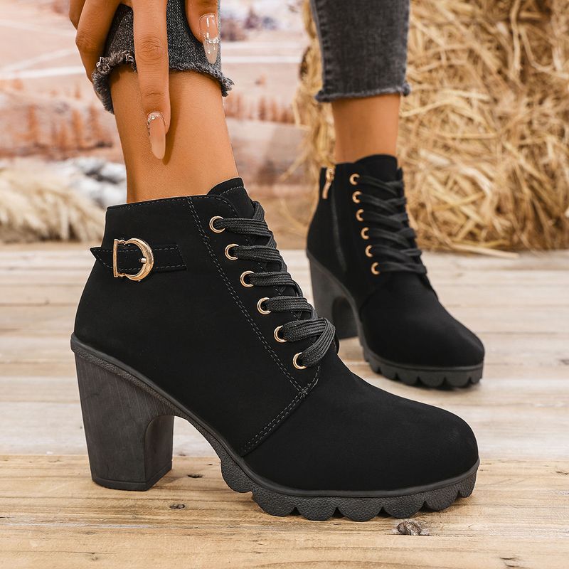 Autumn New Coarse High Heel Casual Women s Belt Buckle Decorative Short Round Head Martin Boots_voghion.com