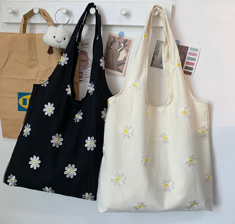 Borsa da viaggio in tela con piccola margherita ricamata, stile fresco e di grande capacità, in rete artistica per studenti_voghion.com