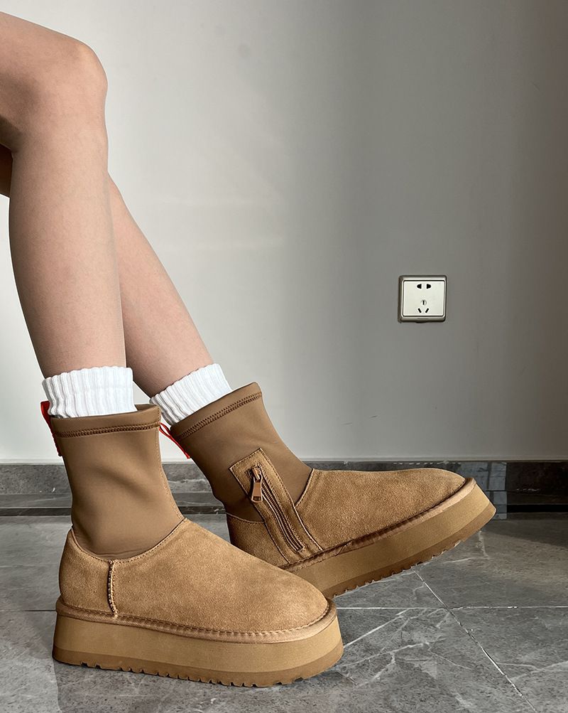 Novas botas de neve integradas de pele para mulheres outono e inverno botas femininas quentes antiderrapantes botas lápis aumentam botas elásticas de sola grossa_voghion.com