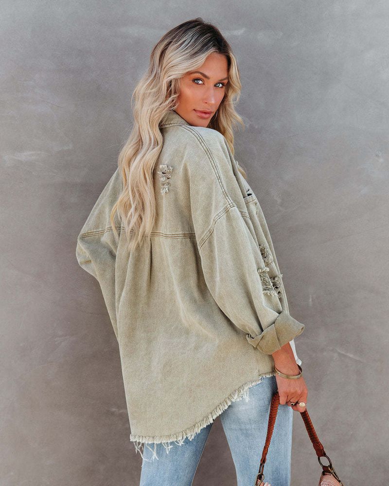 Oversize-Jeansjacke für Damen – Lässiger, langärmliger Distressed-Mantel in Unifarben_voghion.com