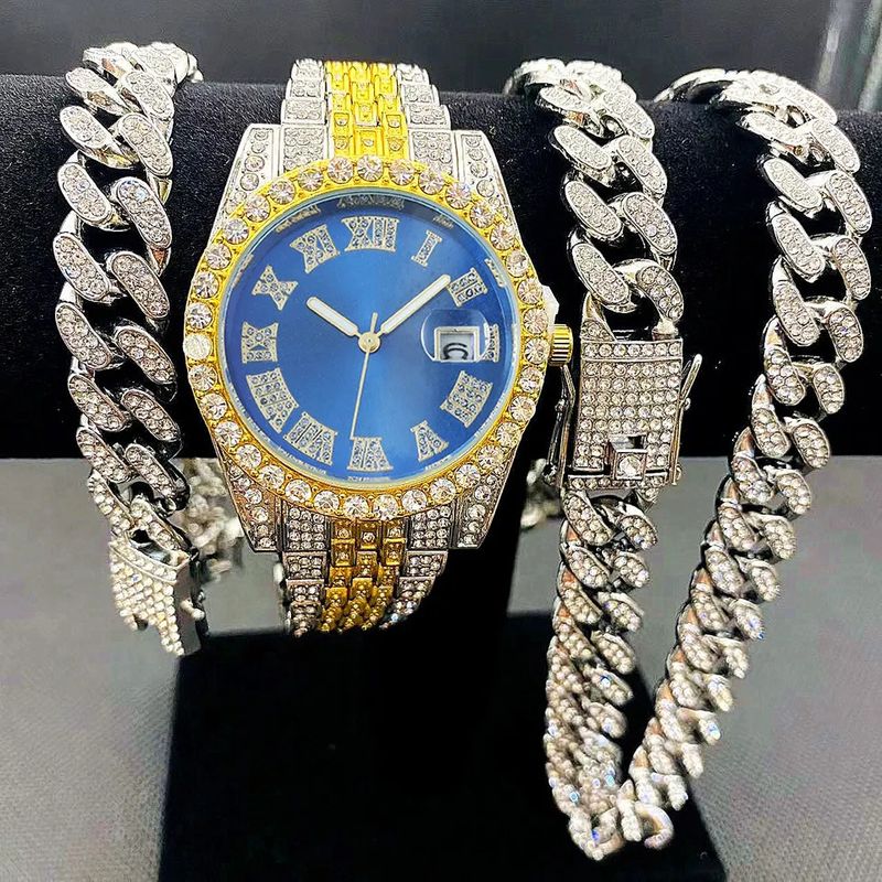 Modehorlogeset met diamanten hiphoparmband en kwartshorloge_voghion.com