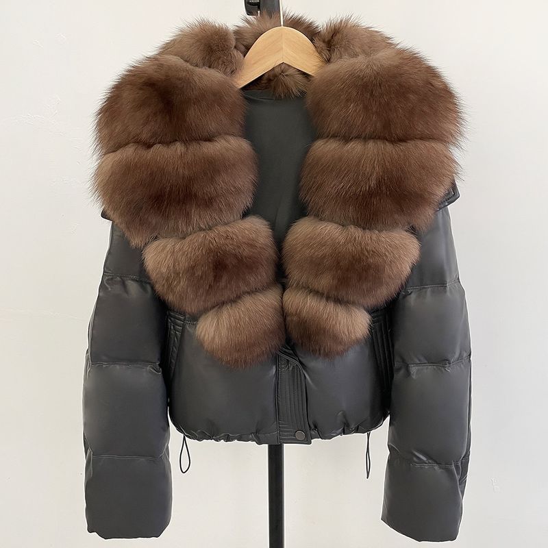 Women's Short Puffer Jacket With Detachable Fox Fur Collar, Loose Fit, Warm Winter Coat, Slimming Design, Fashionable Outerwear_voghion.com