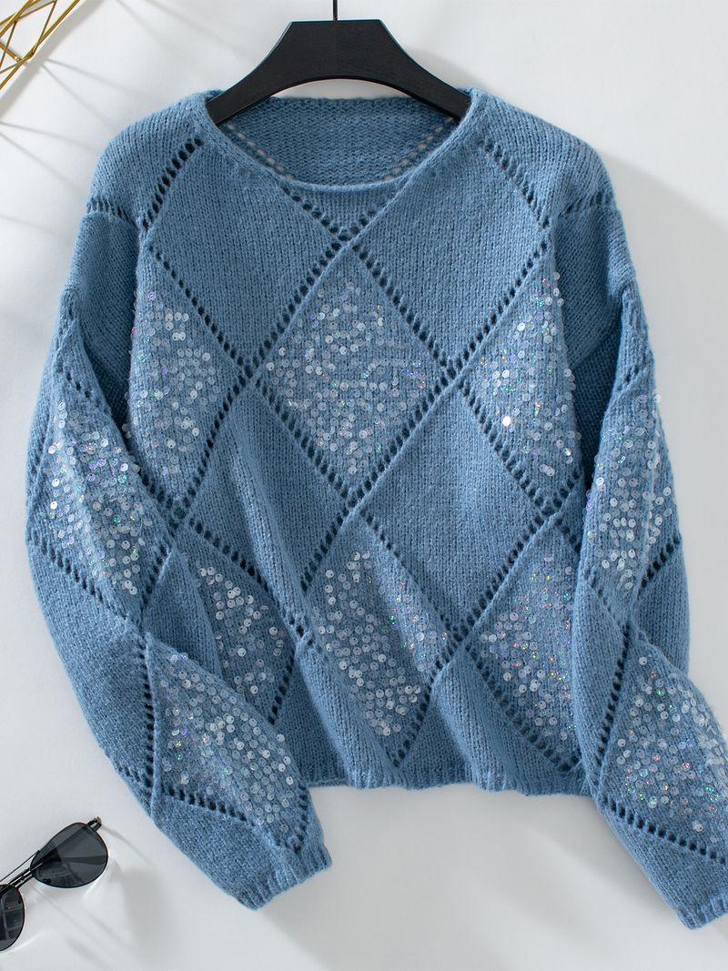 Maglione lavorato a maglia con paillettes cave alla moda Fuzzy Rain da donna, nuovo maglione ampio con motivo a rombi per autunno e inverno_voghion.com