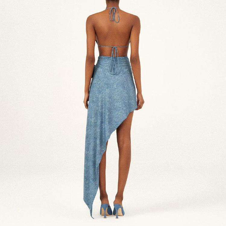 Einteiliger Damen-Badeanzug, One-Shoulder-3D-Blumendekoration, hohler Denim-Druck-Badeanzug für Damen_voghion.com