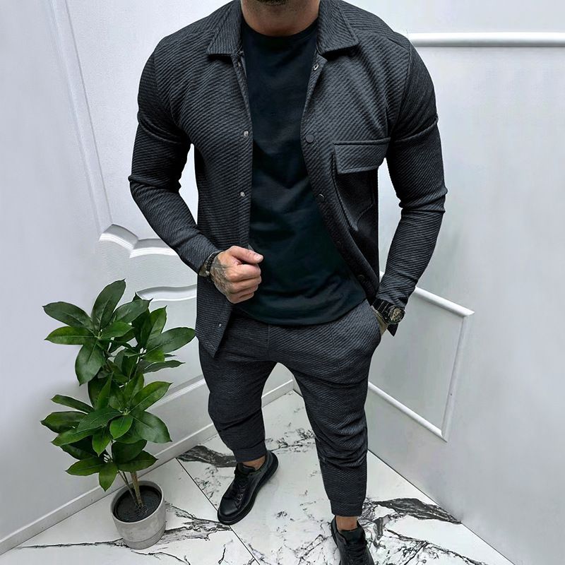 Herrenbekleidung Schwere Twilljacke Freizeithose Herren Neuer einfarbiger Jacquard-Zweiteiler für Herren_voghion.com