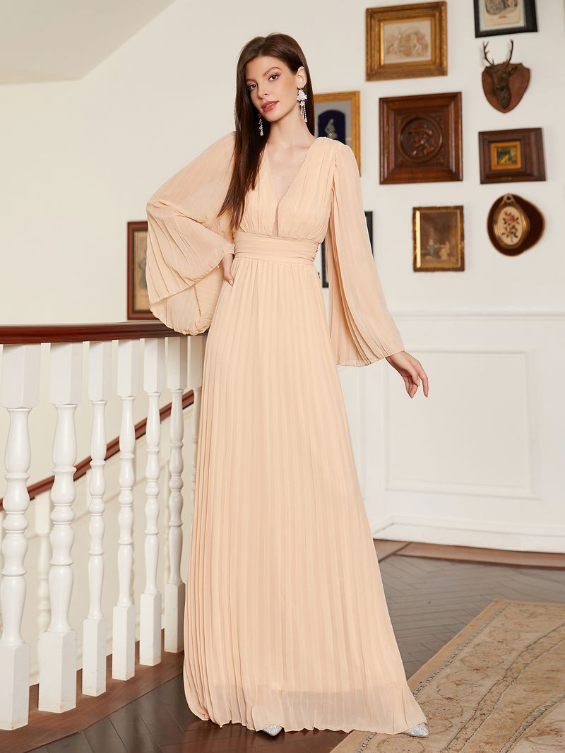 Robe de soirée longue élégante à col en V pour femme - Robe trapèze longue au sol avec volants, décolleté en V profond et manches longues pour banquet ou bal de fin d'année_voghion.com