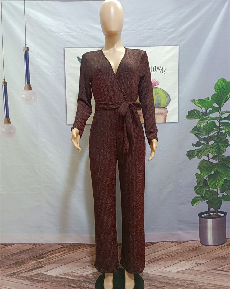 Roupas femininas macacão de seda dourada e prateada com pernas largas e decote em V profundo e reto brilhante_voghion.com