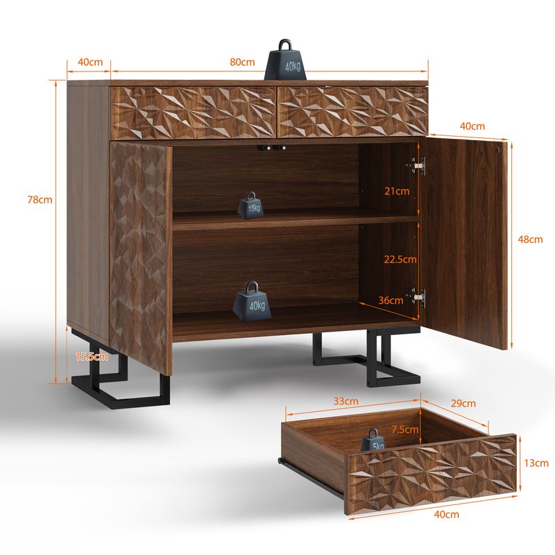 Credenza Kommode 80x78cm Walnussoptik Mit Blattrelief, 2 Schubladen & 2 Türen, Metallbeine_voghion.com