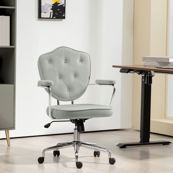 HOMCOM Swivel Computer Vanity Chair, Cute Office Chair, Desk Chair With Button Tufted, Velvet-feel Fabric, Gray_voghion.com