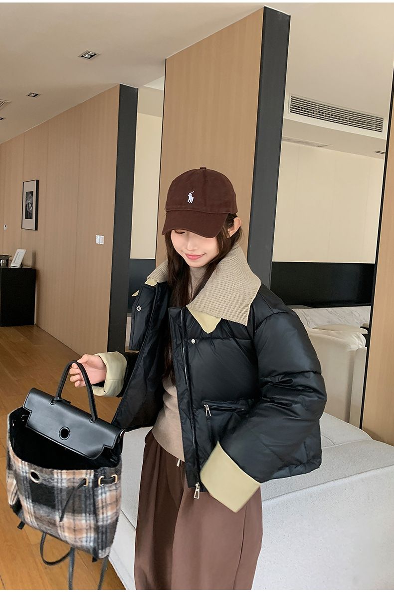 2024 European Knitted Short Down Jacket Women's Winter Fashion Splicing Doll Collar Cotton Coat Trend_voghion.com