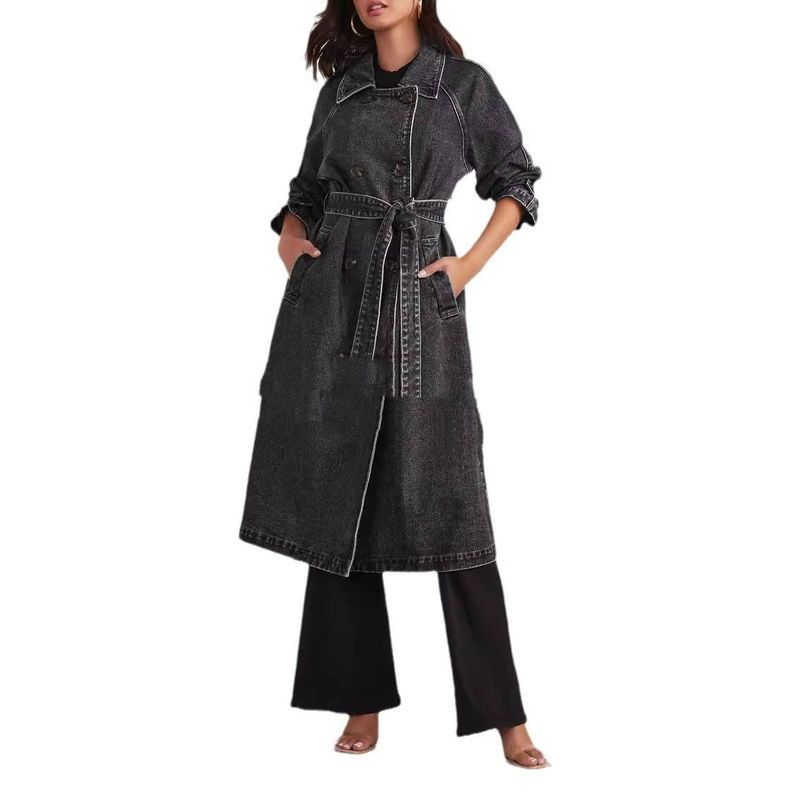 Damenbekleidung Windjacke Denim Baumwolle einfarbig Doppeltasche langer Knopf lockerer Mantel_voghion.com