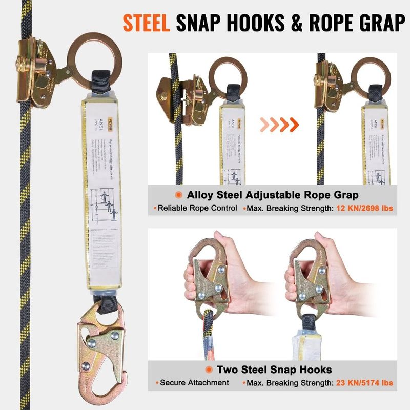 Sna Fall Tension Vertical 50' 30 Polyester X Assembly Protection KN Roofing With 0.55'' Rope Breaking Rope Lifeline With Steel_voghion.com