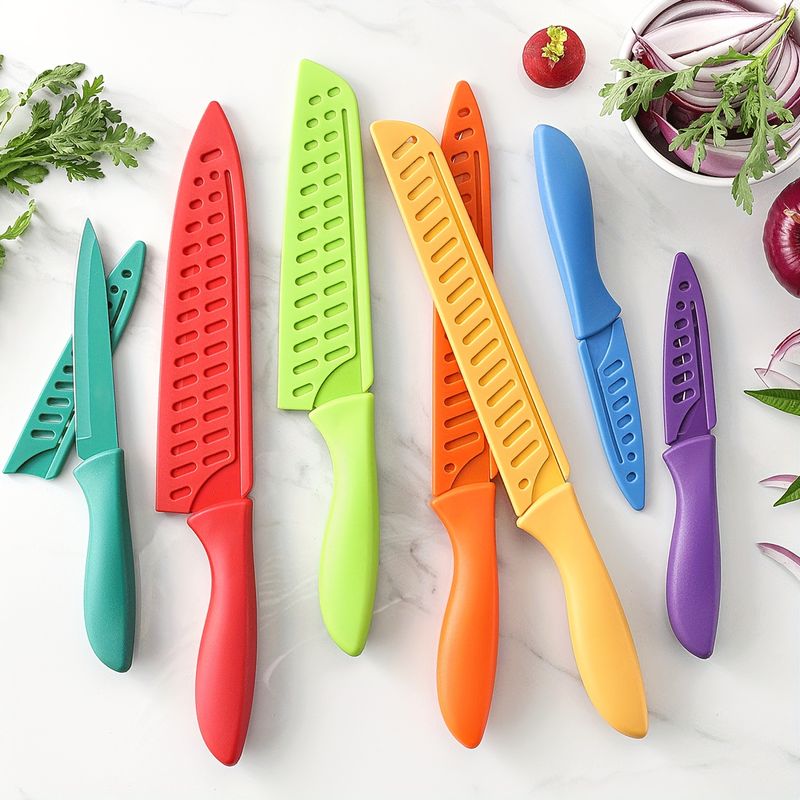 Professional Kitchen Knife Set 14pcs Rainbow Dishwasher Safe Sharp Stainless Steel With Sheaths Non Stick Blade Guards_voghion.com