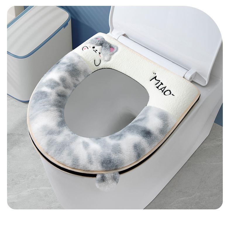 Coussin de siège de toilette épais en peluche avec anneau de fermeture éclair et motif dessin animé, universel pour l'automne et l'hiver_voghion.com