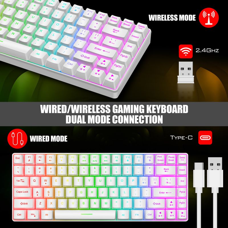 Teclado sem fio com 84 teclas, teclado para jogos luminoso com carregamento, teclado com fio para laptop de mesa tipo C_voghion.com