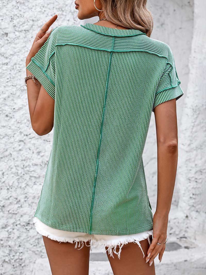 T-shirt da donna a maniche corte con scollo rotondo e vestibilità ampia, con motivo a righe intrecciate e cuciture a vista - Tessuto in maglia di misto cotone traspirante per abbigliamento casual da strada_voghion.com