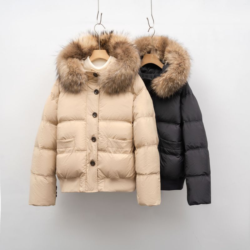 Jaqueta curta feminina com capuz de pele de raposa - Casaco de inverno grosso e solto, enchimento de penas de pato, revestimento de nylon, preto e cáqui_voghion.com