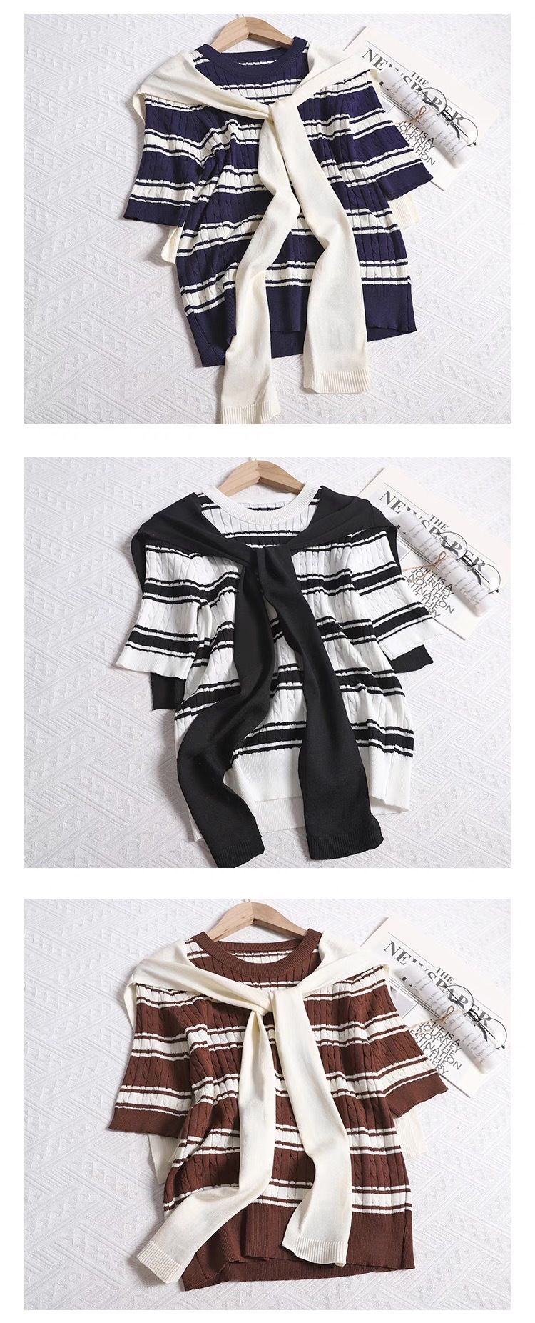 Korean Style Striped Knit Sweater Set - Contrast Color Short Sleeve Top & Shawl_voghion.com