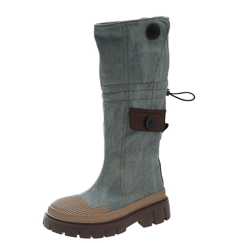 Overknee-Langstiefel für Damen, Herbst/Winter 2023, neue Denim-Arbeitsstiefel mit dicken Sohlen, Shell Toe High Tube-Reitstiefel_voghion.com