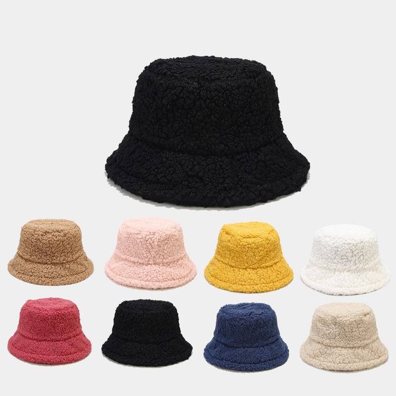 Hat women's autumn and winter versatile lamb wool bucket hat simple solid color thickened warm plush basin hat_voghion.com