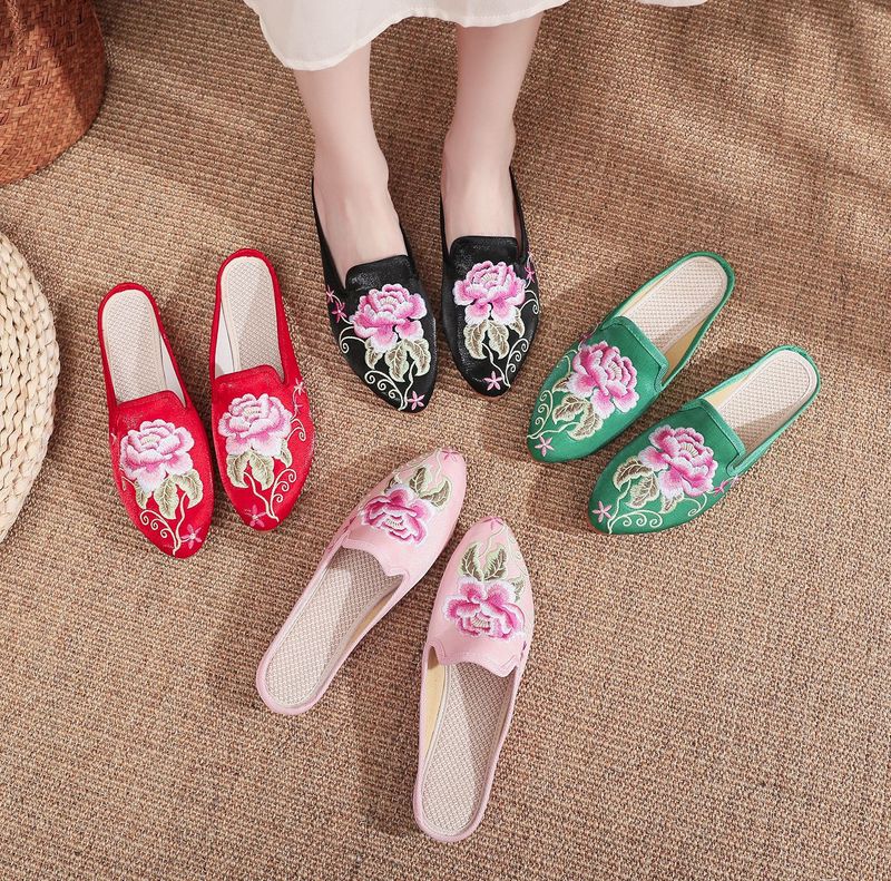 Damenschuhe Hausschuhe Spitzschuh Modische Casual Bestickte Hausschuhe Einstufige Casual Damen Stoff Hausschuhe Sandalen Sommer_voghion.com