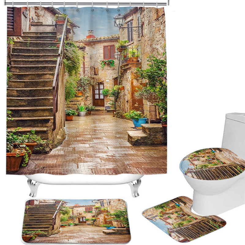 Tenda da doccia per bagno INS Nessuna perforazione Tenda per barriera per doccia da bagno Cortile con vista floreale Tenda da doccia_voghion.com