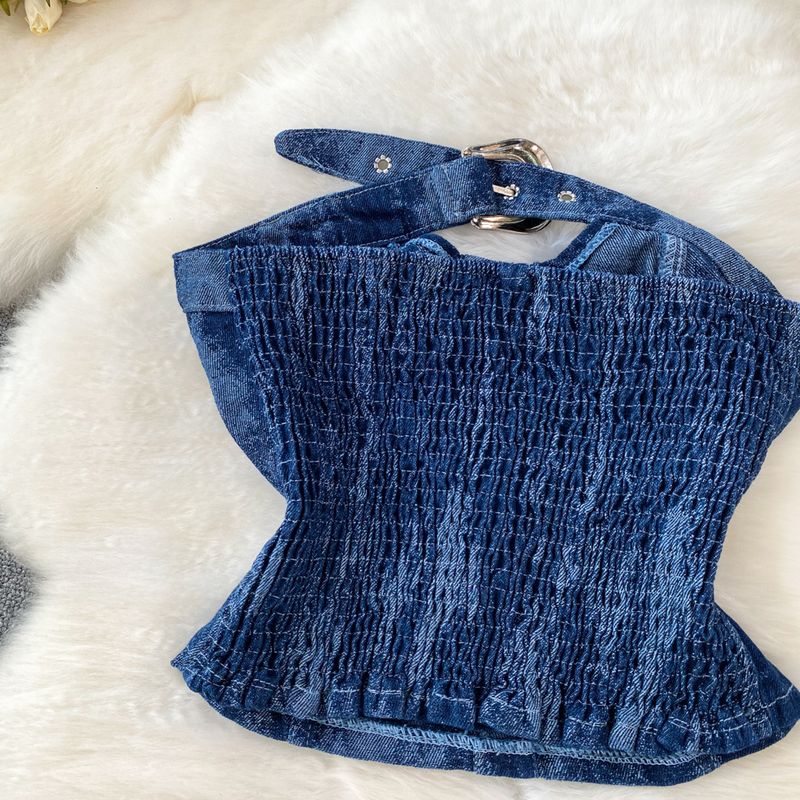 Abito in due pezzi con top in denim a tubino per ragazza hot stile donna, vita alta, dimagrante, minigonna a pieghe a trapezio_voghion.com