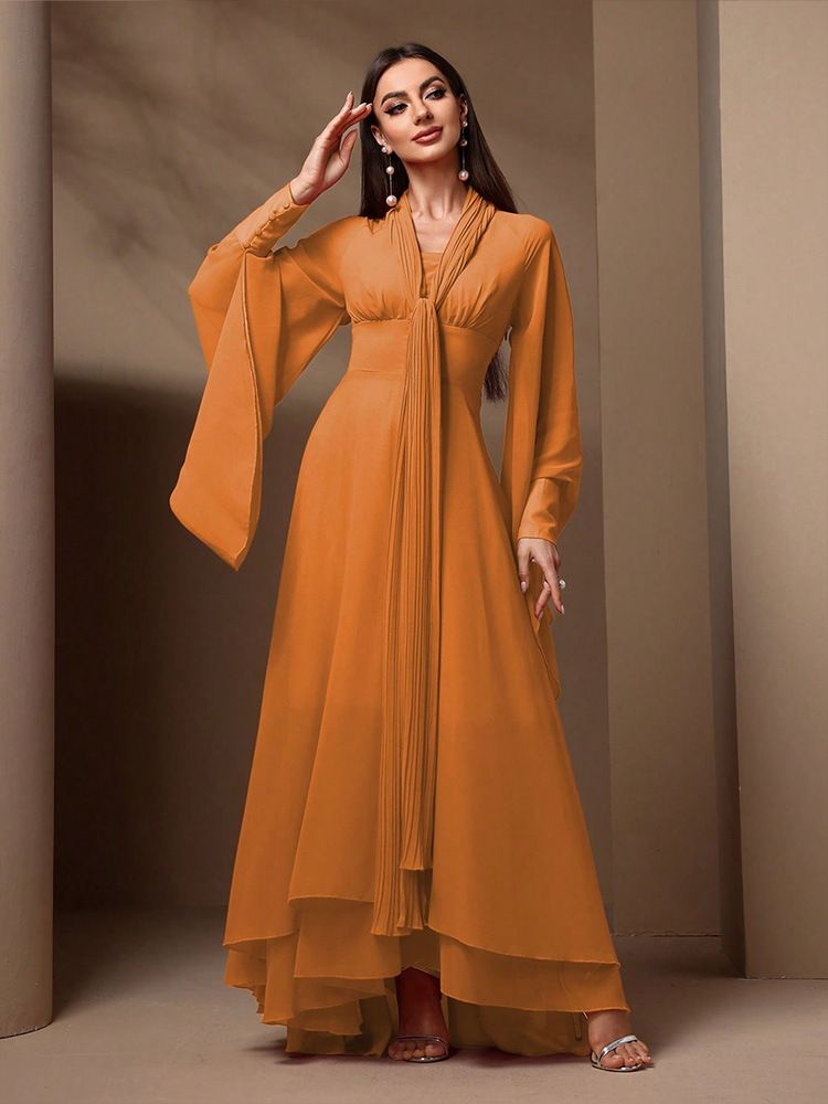 Women's Elegant Chiffon Maxi Dress With V-Neck, Lantern Sleeves & Ruffle Trim - A-Line High Waist Party Gown For Wedding, Evening Occasions (Orange)_voghion.com