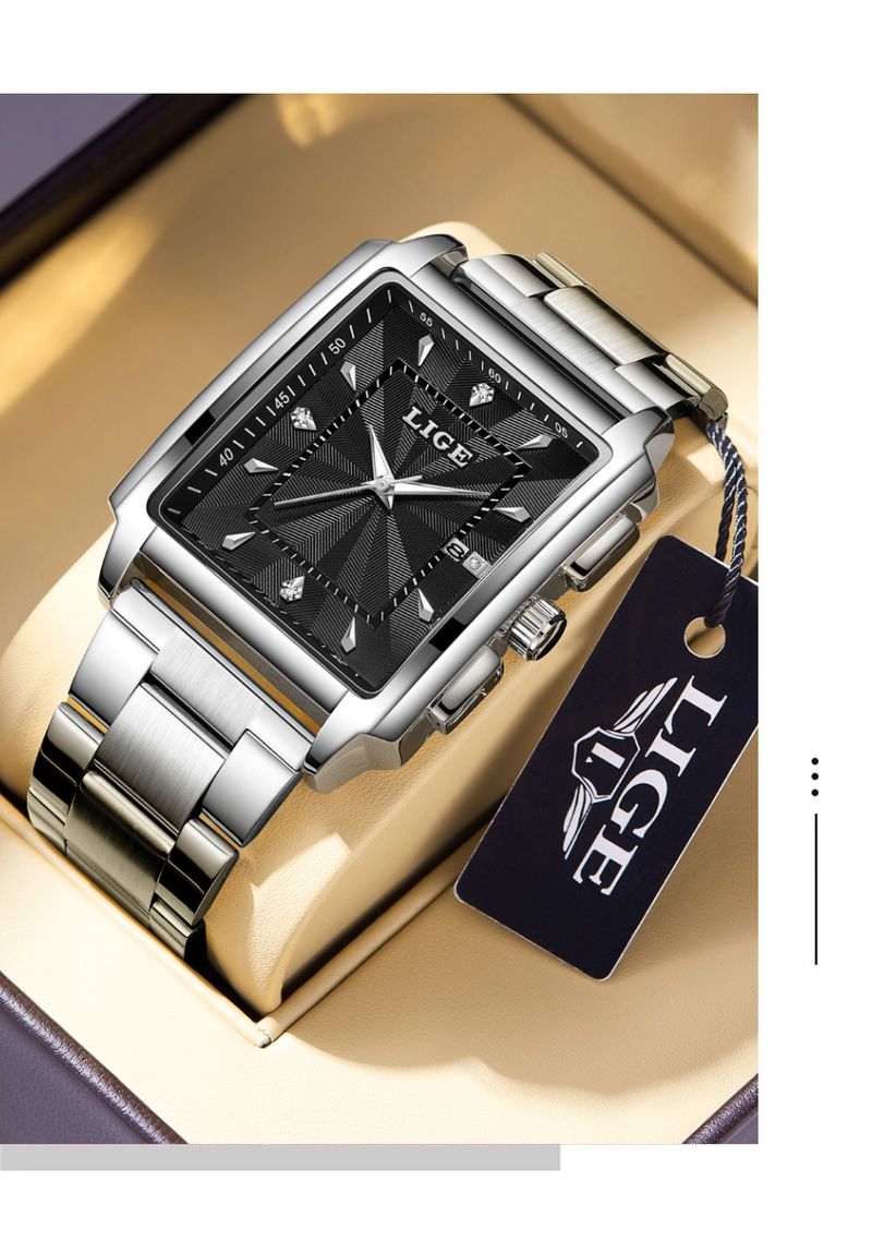 Men's Business Quartz Watch With Date Display, Water Resistant Stainless Steel Band, Square Mineral Glass Steel Belt Quartz Watch Men's Watch_voghion.com